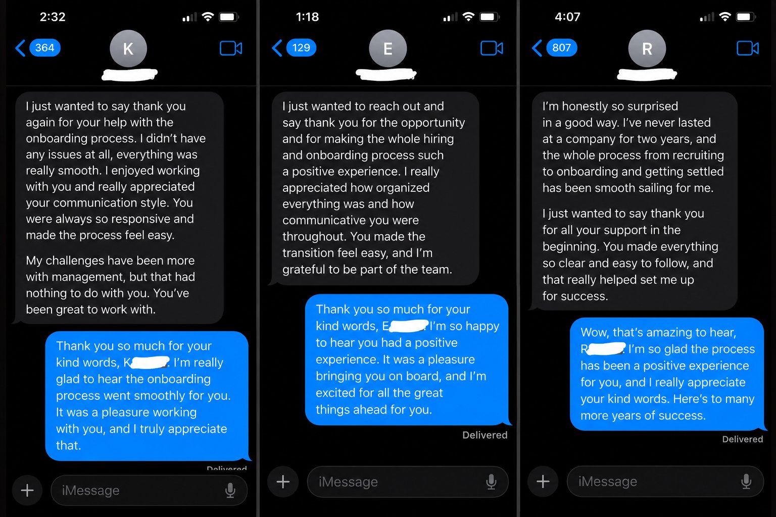 Three redacted text conversations with feedback from employees after onboarding